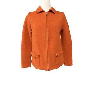 Lands' End Sweater Kids 10-12 Orange Lambswool Full Zip Knit Collared Pockets